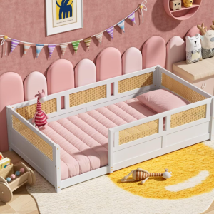 Rattan High-Fence Solid Wood Montessori Children's Floor Bed